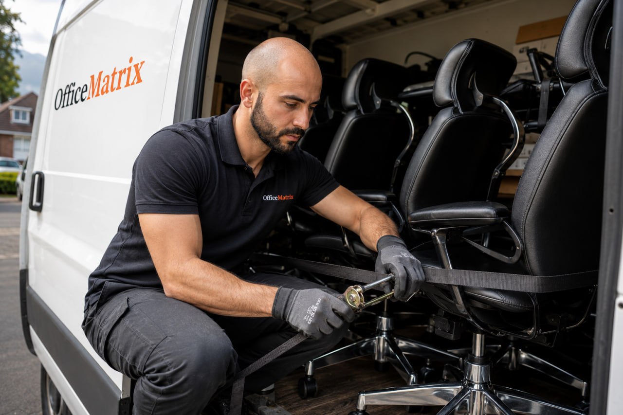 OfficeMatrix operative strapping down office chairs securely inside the van