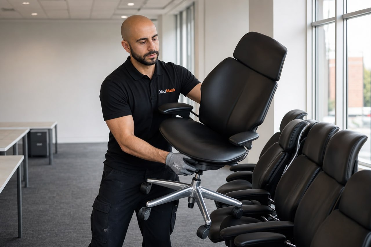 OfficeMatrix specialist inspecting a leather executive chair in a London office