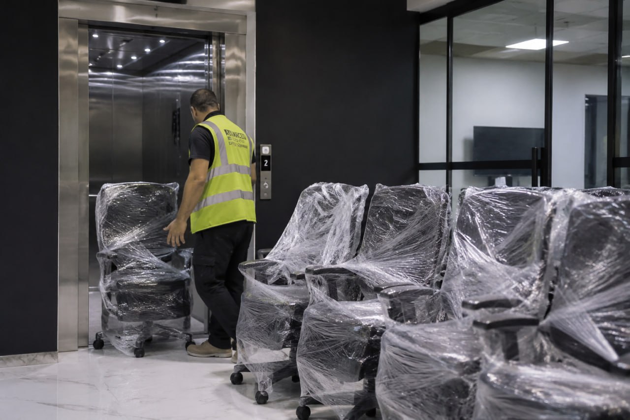 Wrapped office chairs being collected from a London workplace