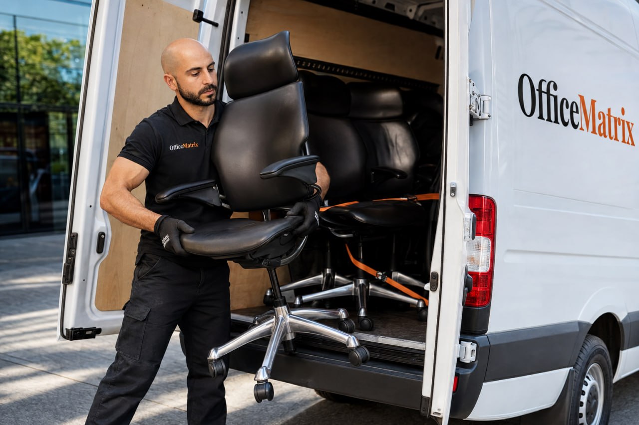OfficeMatrix team member loading an office chair into a branded collection van