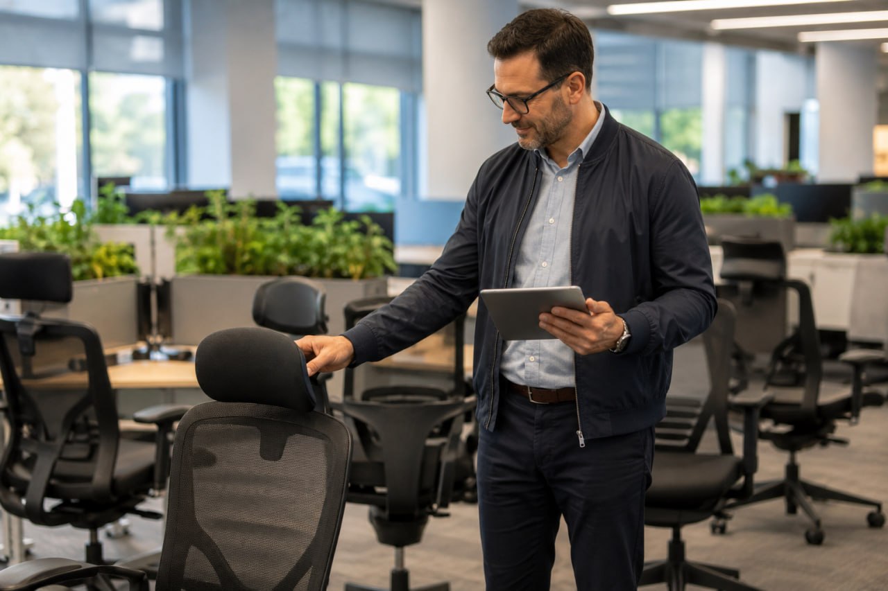 OfficeMatrix specialist assessing a mesh task chair on a tablet
